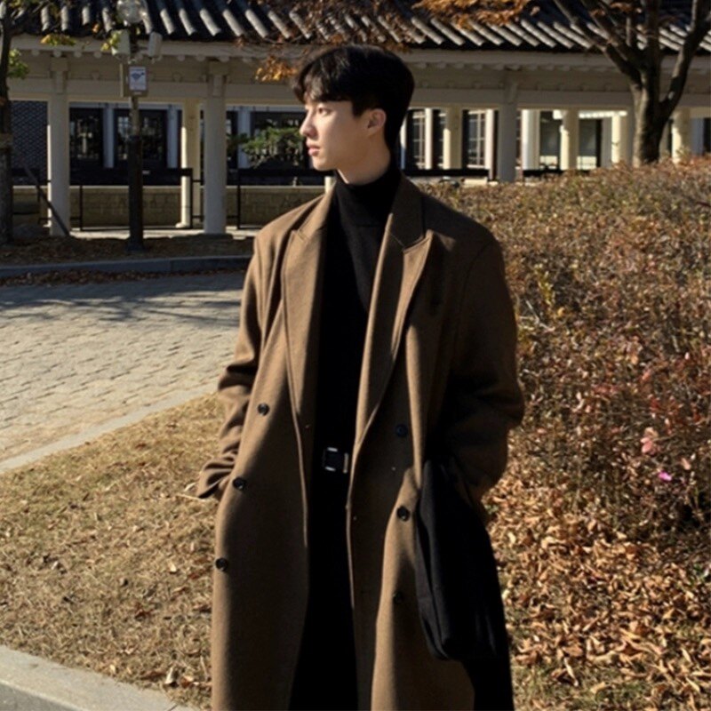 秋冬季新款毛呢大衣男中长款加厚大码过膝宽松英伦呢子外套风衣男