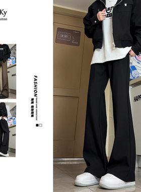 CetKy美式高街cleanfit廓形西裤黑色休闲裤男女直筒微喇vibe裤子