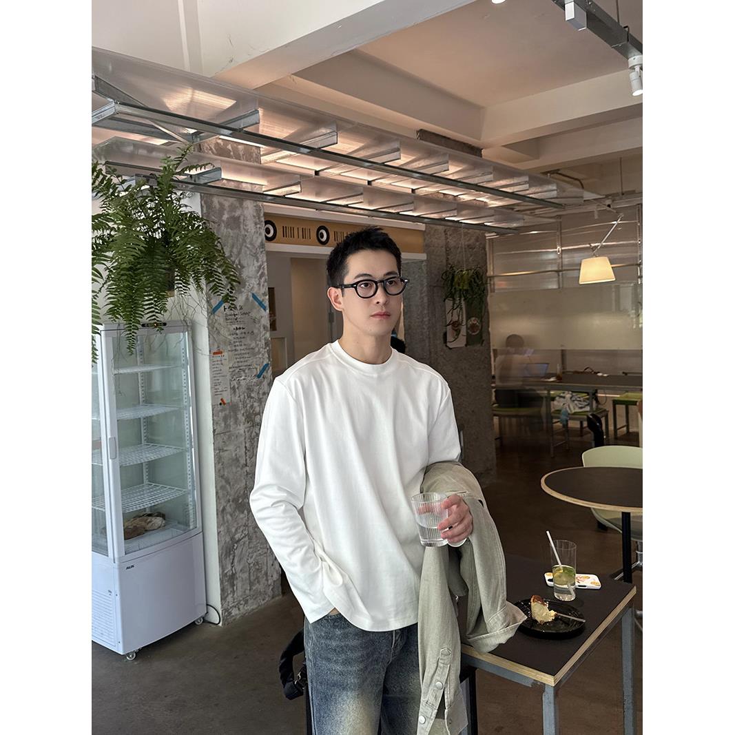 Nick Tian 纯色白T长袖打底衫男秋季新款韩系简约高质感宽松休闲
