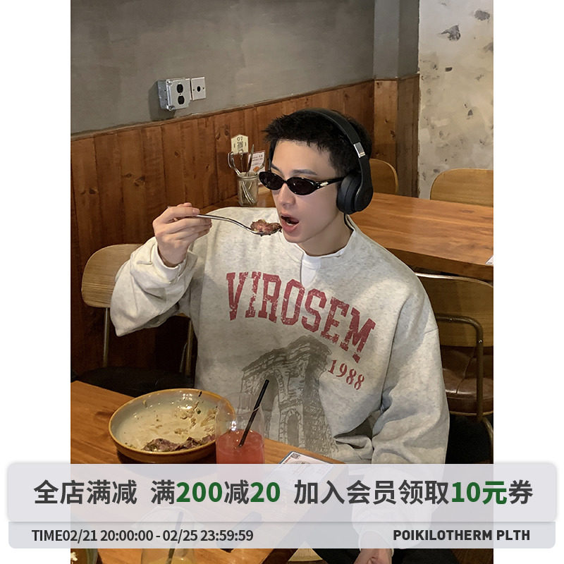 PLTH*领口假两件做旧印花宽松美式复古休闲百搭长袖秋季卫衣男女