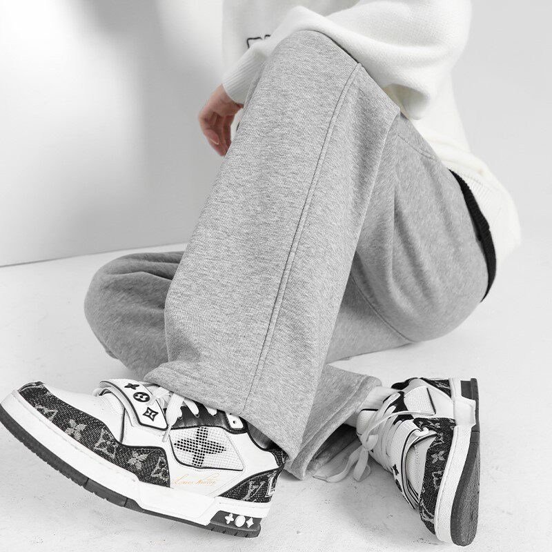 直筒休闲裤男秋冬灰色阔腿裤男生裤子宽松加绒运动裤新款冬季卫裤