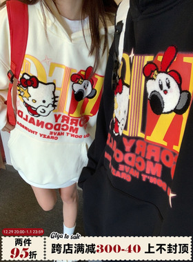 GTGA美式复古可爱卡通凯蒂猫印花连帽卫衣冬加绒情侣男女长袖上衣