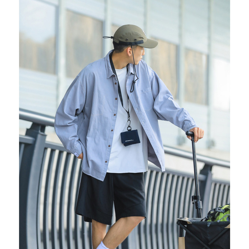 日系男装明线休闲衬衫男潮牌高级感蓝色长袖衬衣外套春季宽松寸衫