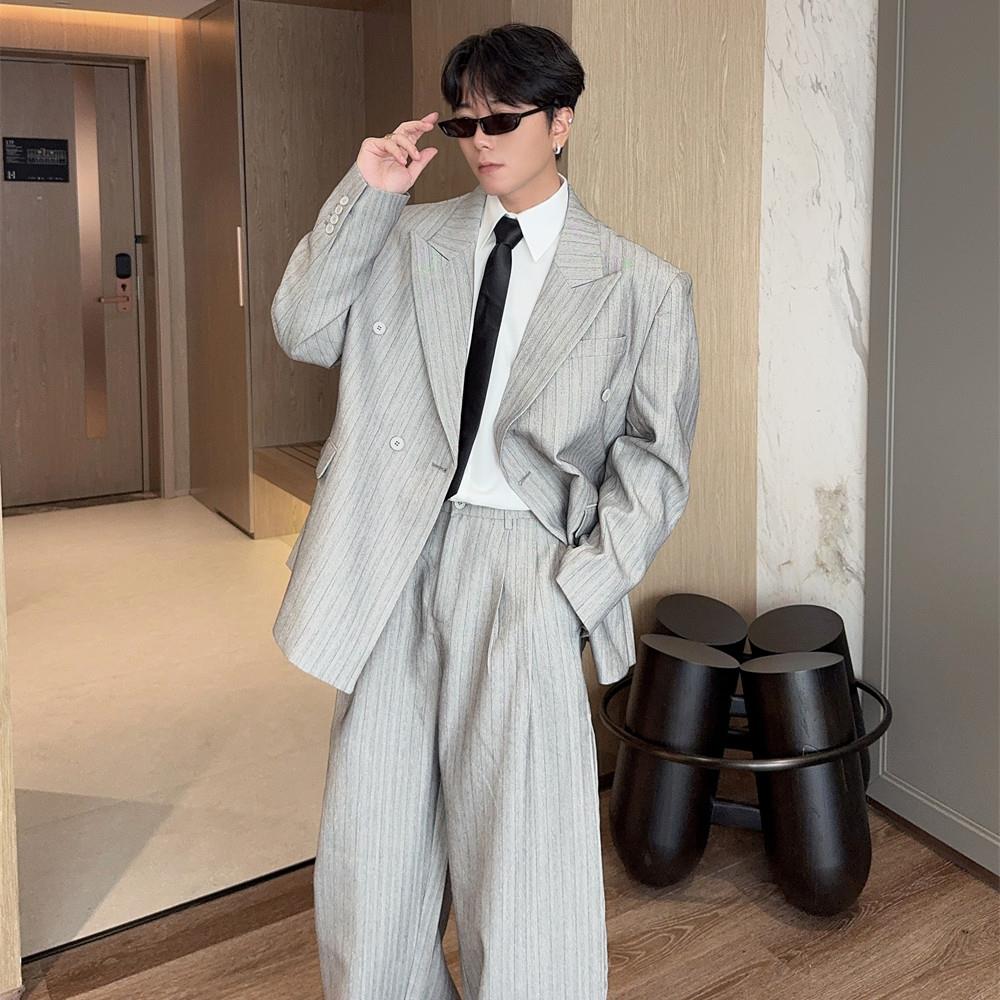 ROCCA 条纹西装套装男2026春季新款韩版高级感宽松休闲双排扣西服
