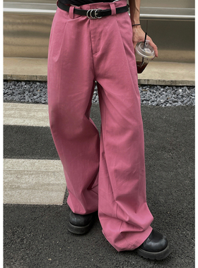ZINGUP美式复古中高腰休闲裤男秋季宽松粉色拖地长裤直筒阔腿裤子