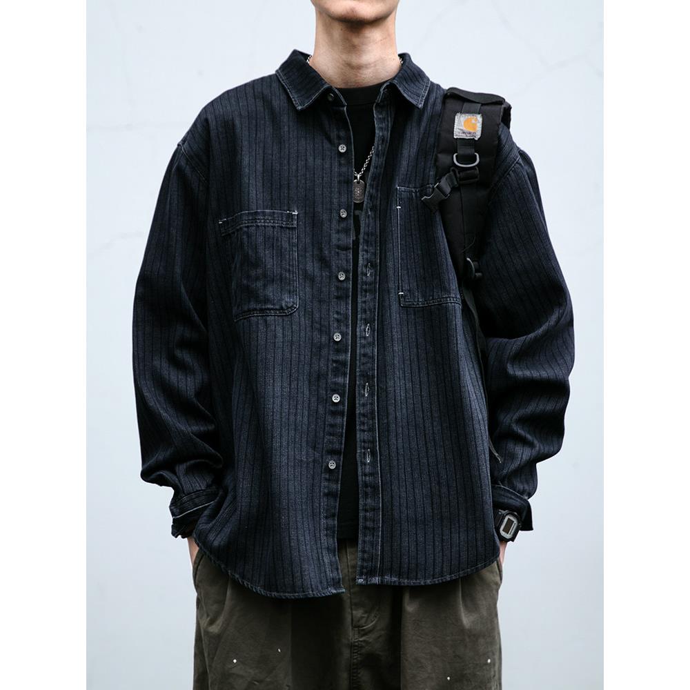 美式覆古覆古水洗质感牛仔工作服条纹衬衫男士春秋季休闲宽松长袖