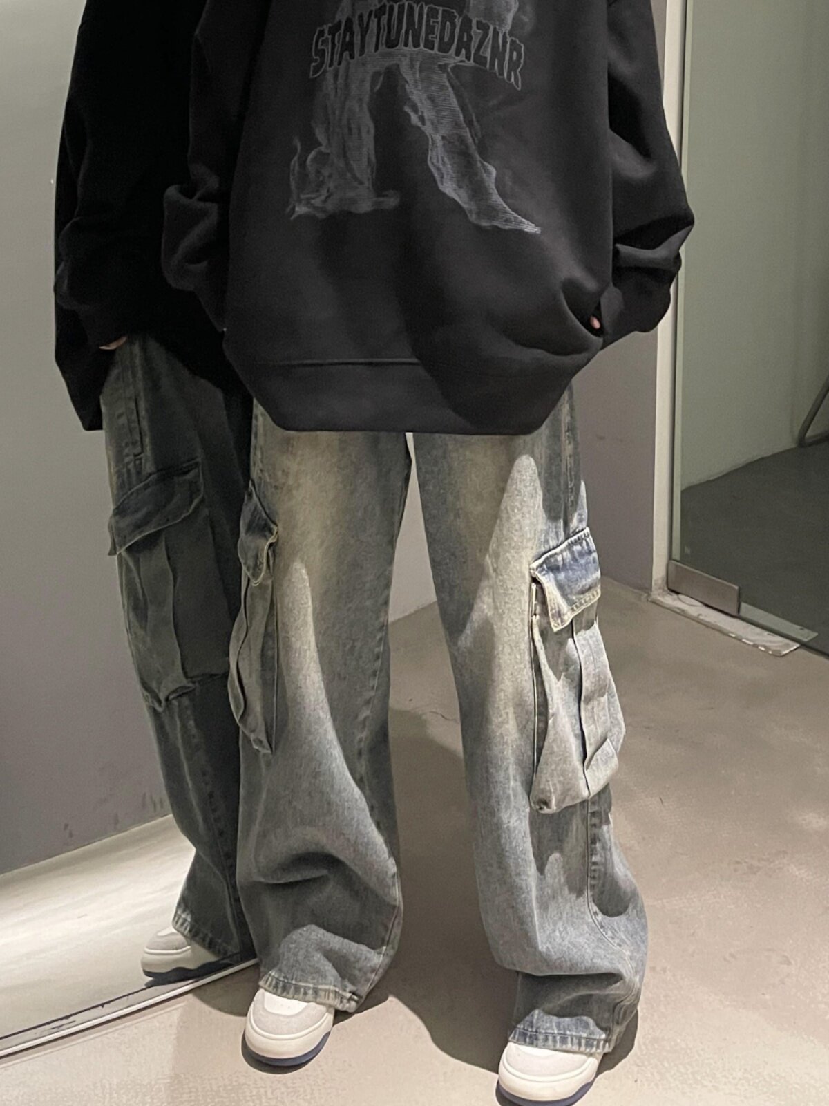 工装牛仔裤男款秋季潮牌复古水洗阔腿裤子多口袋宽松直筒休闲长裤