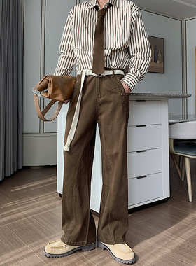 Hualun秋冬复古直筒牛仔裤男宽松美拉德咖色裤子老钱风穿搭阔腿裤