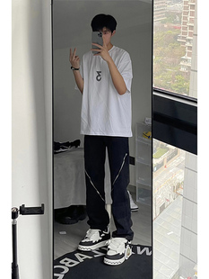 欧美高街vibe裤子高级感纯黑色工装牛仔裤男款修身拉链直筒微喇裤