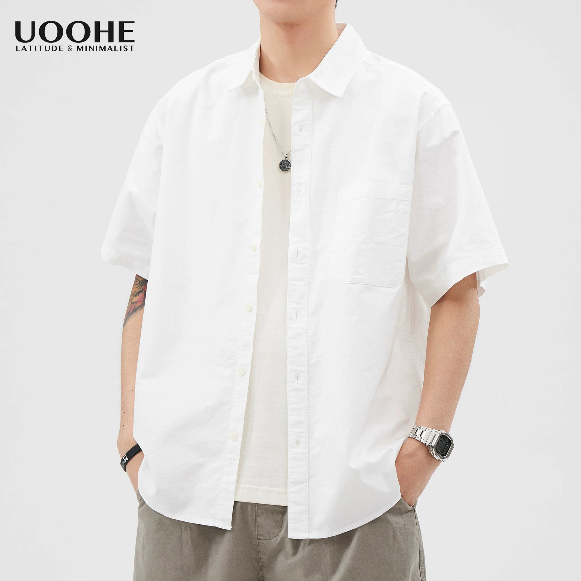 UOOHE日系白色短袖衬衫男