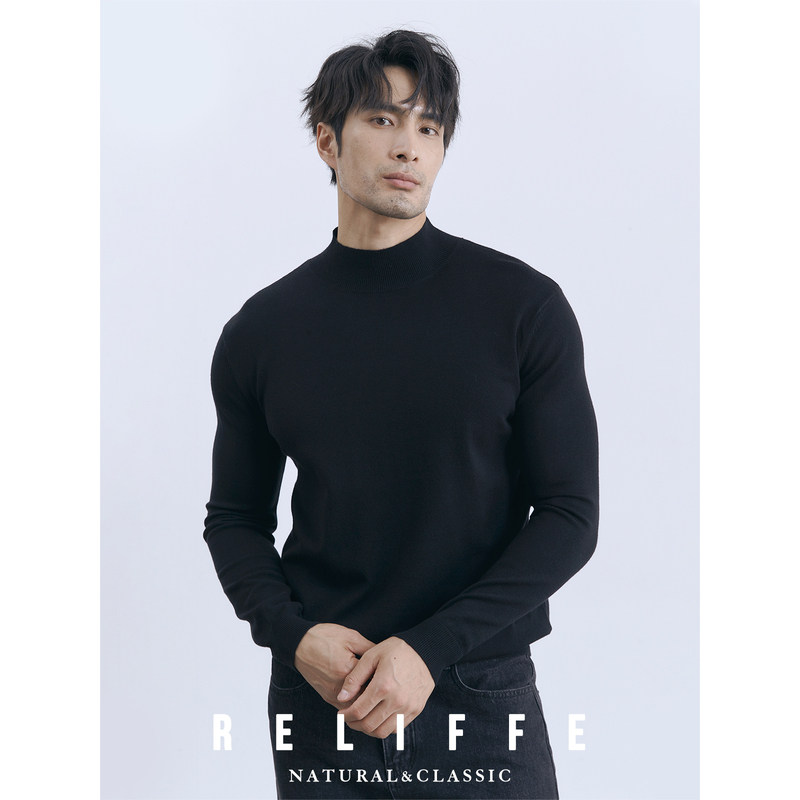 秋冬高级感莫代尔本命年酒红色半高领打底衫男士修身针织黑色毛衣