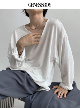 GENESISBOY 羊毛手感面料高弹力宽领宽松垂感长袖打底衫T恤男女款