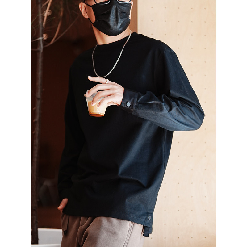 港风潮牌衬衫袖口白色纯棉男士长袖t恤春秋小众高级感打底衫上衣