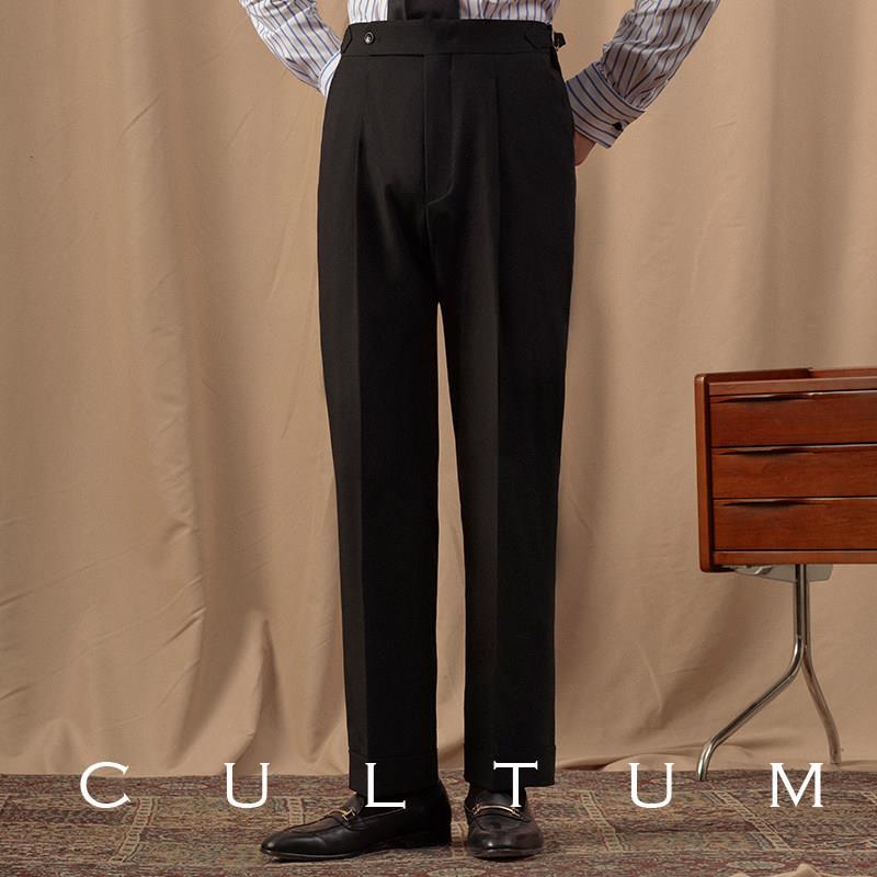 CULTUM修身纯黑色单褶西裤男商务休闲婚礼宴会新郎塔士多礼服裤子