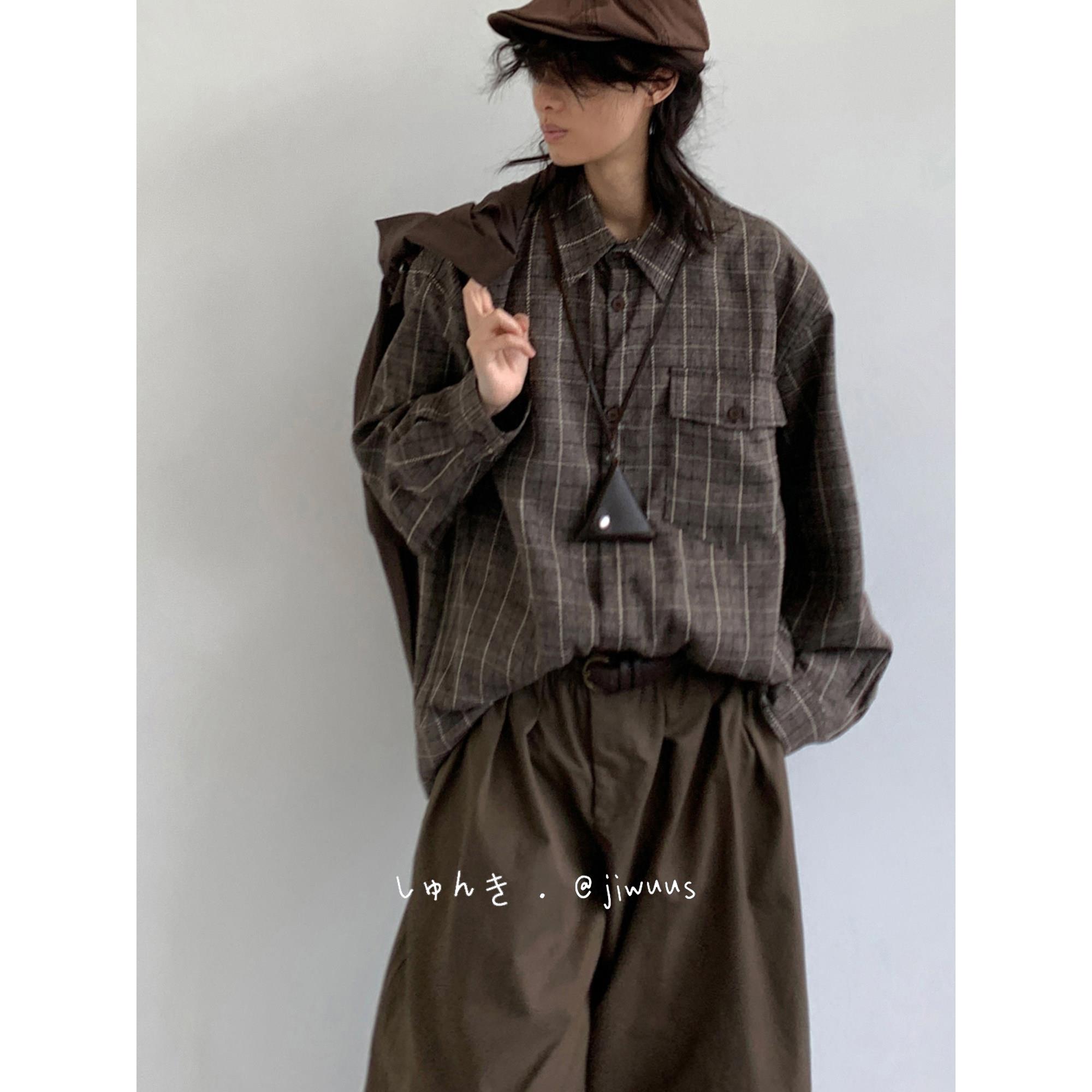 jiwuus 7月18日新款秋日系覆古美拉德工装格纹衬衫男女生长袖上衣