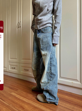 F383 2026美式复古cleanfit褶皱做旧牛仔裤男女阔腿直筒百搭裤子