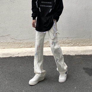 高街美式涂鸦泼墨牛仔裤宽松直筒潮牌vibe设计感白色痞帅炸街裤子
