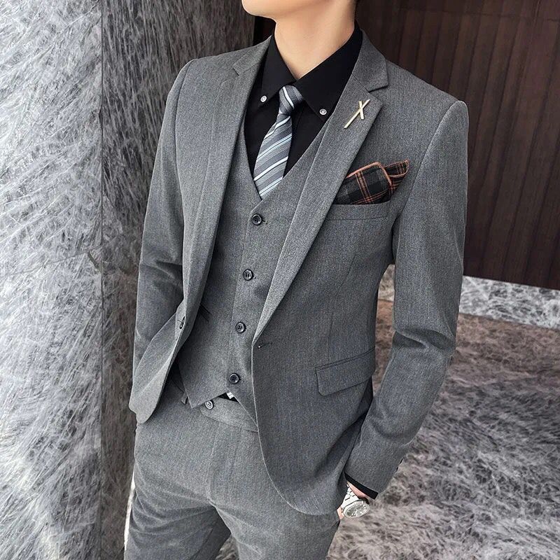 新品男西服套装三件套秋冬韩版修身高级感新郎礼服休闲西装主持人