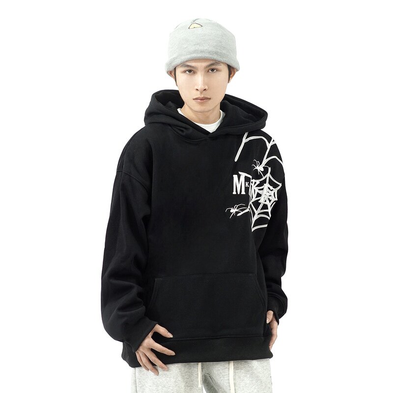 DHSS原创国潮美式高街蜘蛛刺绣加绒卫衣连帽男女宽松加厚套头上衣
