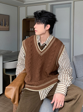 Hualun秋冬学院风麻花毛衣男休闲V领背心针织衫韩版宽松坎肩上衣