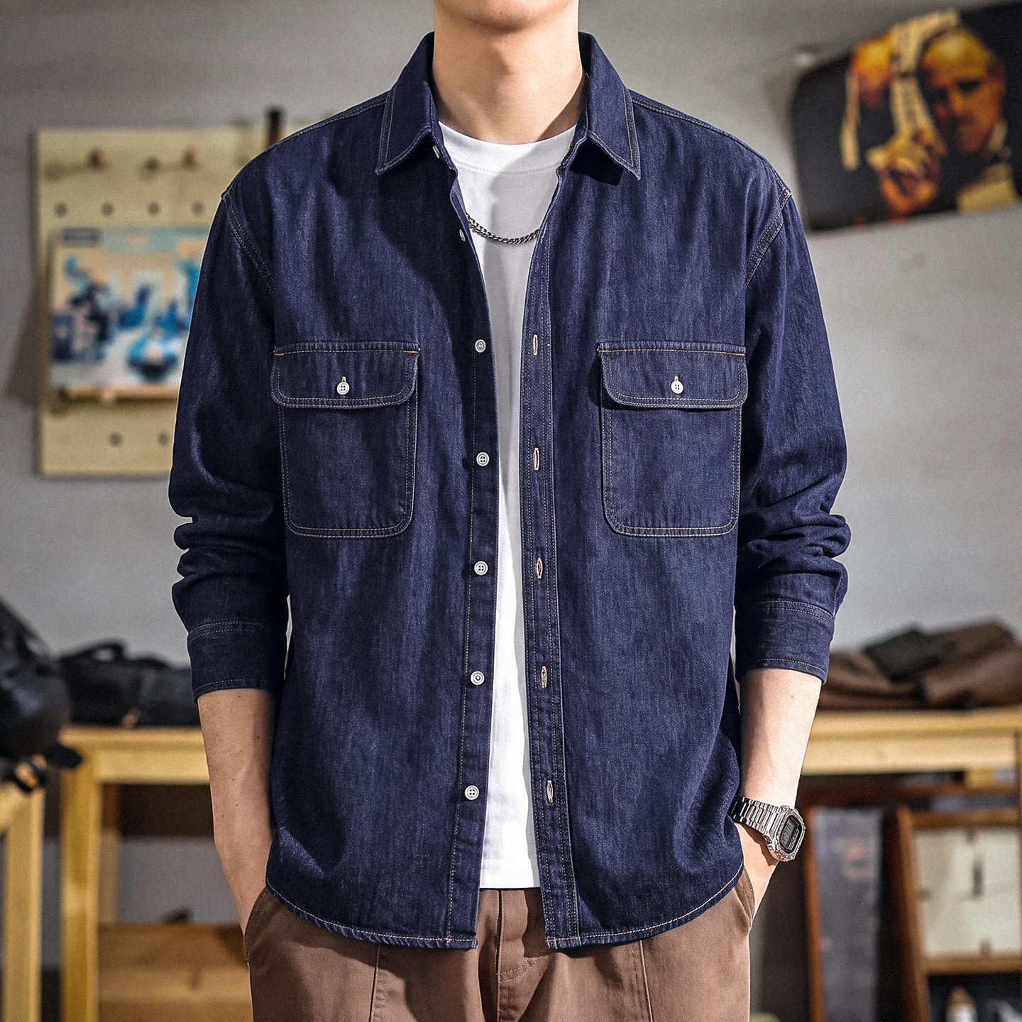 美式复古100%纯棉牛仔衬衫男2026秋季新款男士长袖工装衬衣外套潮
