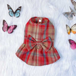 狗狗衣服夏季小裙子可牵引纯棉格子泰迪比熊博美法牛柯基雪纳瑞猫