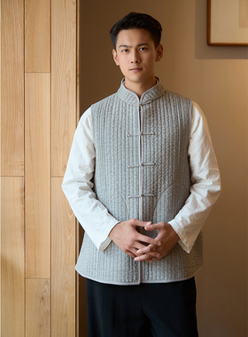 【照本堂】2025冬季新款男装国风新中式背心棉麻盘扣棉马甲M12841