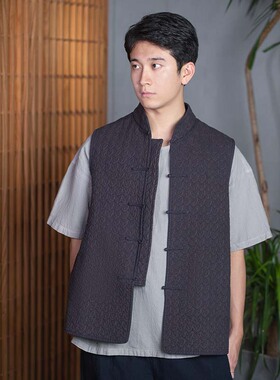 【照本堂男装】2025新款新中式国风复古立领棉麻盘扣马甲M12333