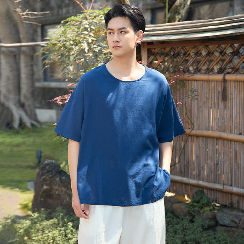 照本堂大码男士棉麻短袖