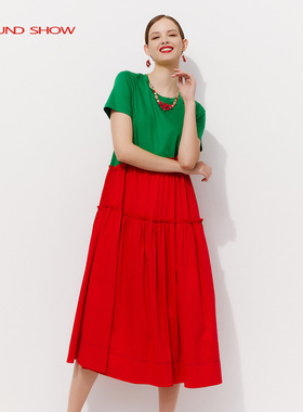 阁兰秀2025夏红绿多巴胺风连衣裙宽松时尚高端设计感A字沙滩长裙