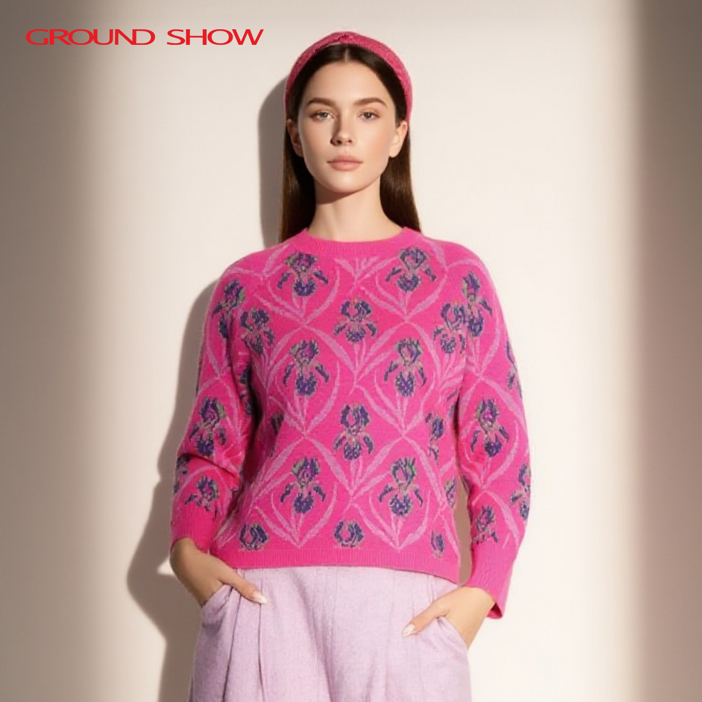 阁兰秀2025年秋季新品长袖玫红色菱形提花羊毛针织套头衫上衣女装