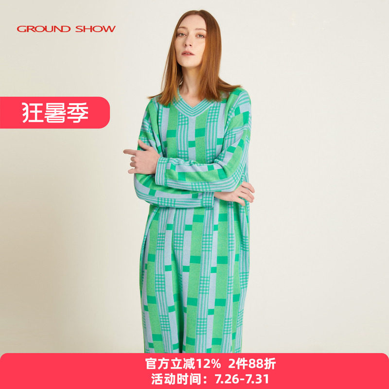 阁兰秀2026年春新款几何提花针织连衣裙V领长袖中长款H裙直筒宽松
