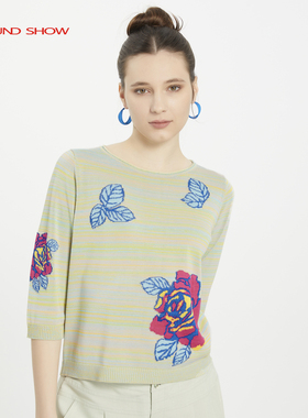 Ground Show/阁兰秀2025春秋新款提花针织衫圆领套头七分袖上衣女