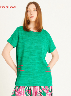 Ground Show/阁兰秀2025夏季新款绿色针织套衫短袖圆领简约T恤女