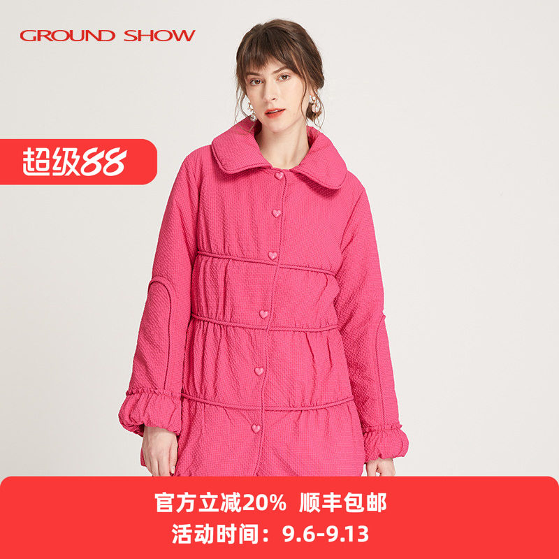 阁兰秀秋冬新品草莓粉小格提花棉衣精致减龄棉服外套商场同款女装