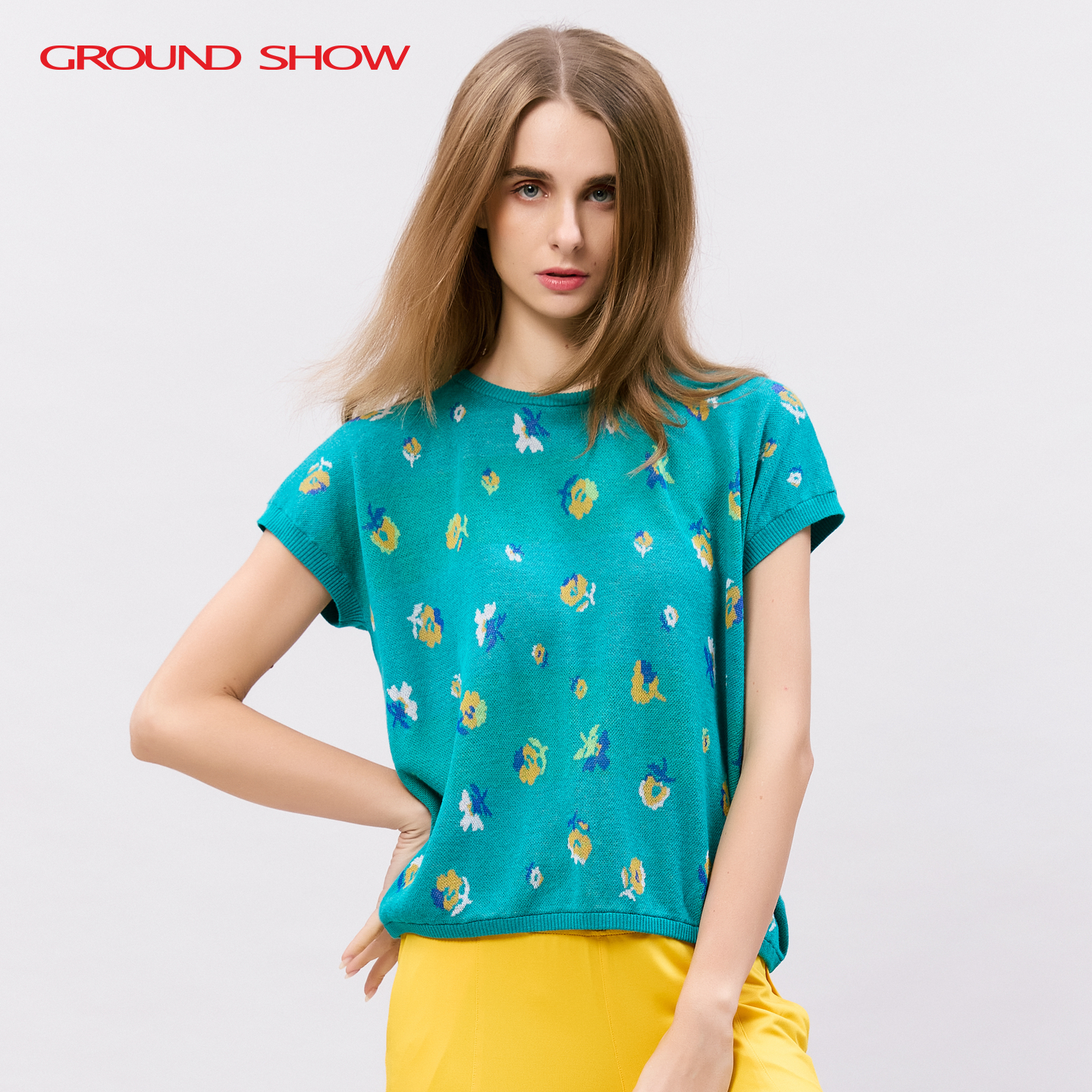 湖蓝色提花短袖短套衫