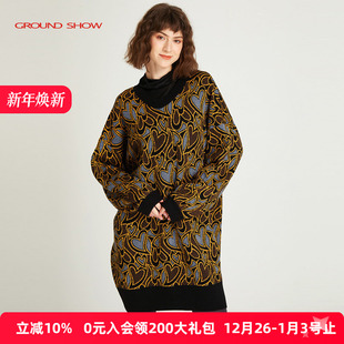 阁兰秀秋冬粗针提花针织连衣裙宽松显瘦含羊毛女V领中长款 毛衣裙