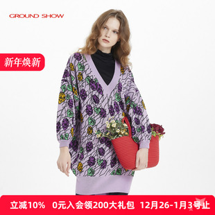 阁兰秀紫色提花针织连衣裙V领套头2025年秋冬新款 宽松中长毛衣裙