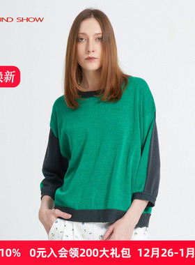 Ground Show/阁兰秀夏新款提花针织衫圆领套头直筒宽松九分袖纯棉