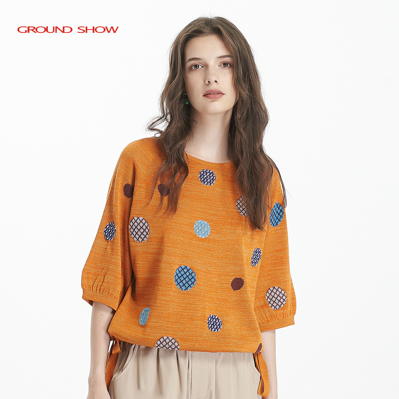 桔黄阁兰秀桔黄波点提花套衫