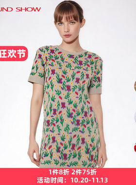 阁兰秀16针针织提花连衣裙2026夏季新款灰调花诗花卉短款女士裙子