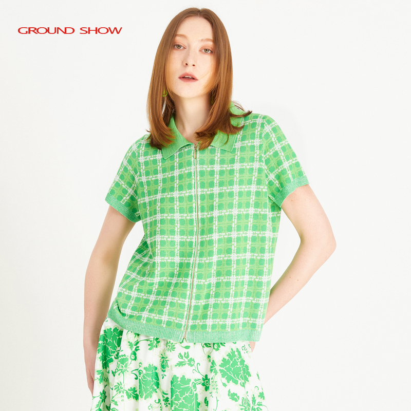 荷兰天丝短袖阁兰秀拉链翻领开衫