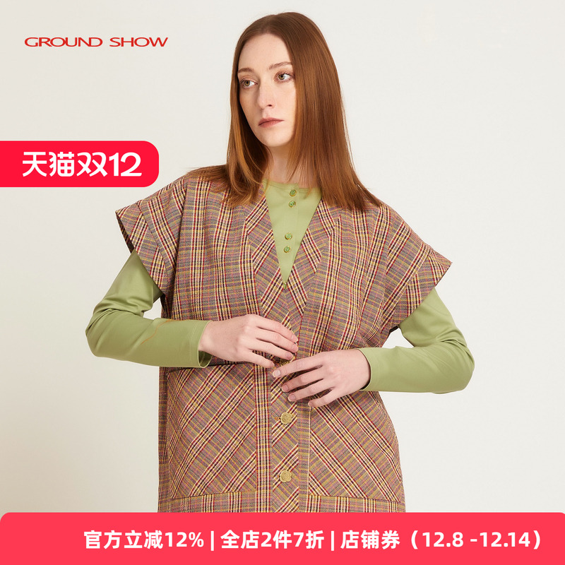 棕色坎肩阁兰秀宽松格子背心