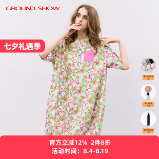 阁兰秀夏新品短袖印花纯棉衬衫连衣裙全棉假日田园风女装花卉裙子