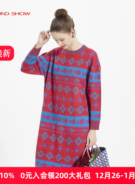 Ground Show/阁兰秀红蓝提花针织连衣裙毛衣圆领套头宽松遮肉中长