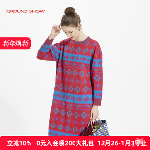 Ground 阁兰秀红蓝提花针织连衣裙毛衣圆领套头宽松遮肉中长 Show