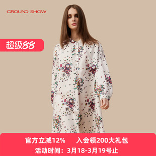 阁兰秀2026年春季新品长袖小立领白色印花纯棉衬衫连衣裙减龄女装