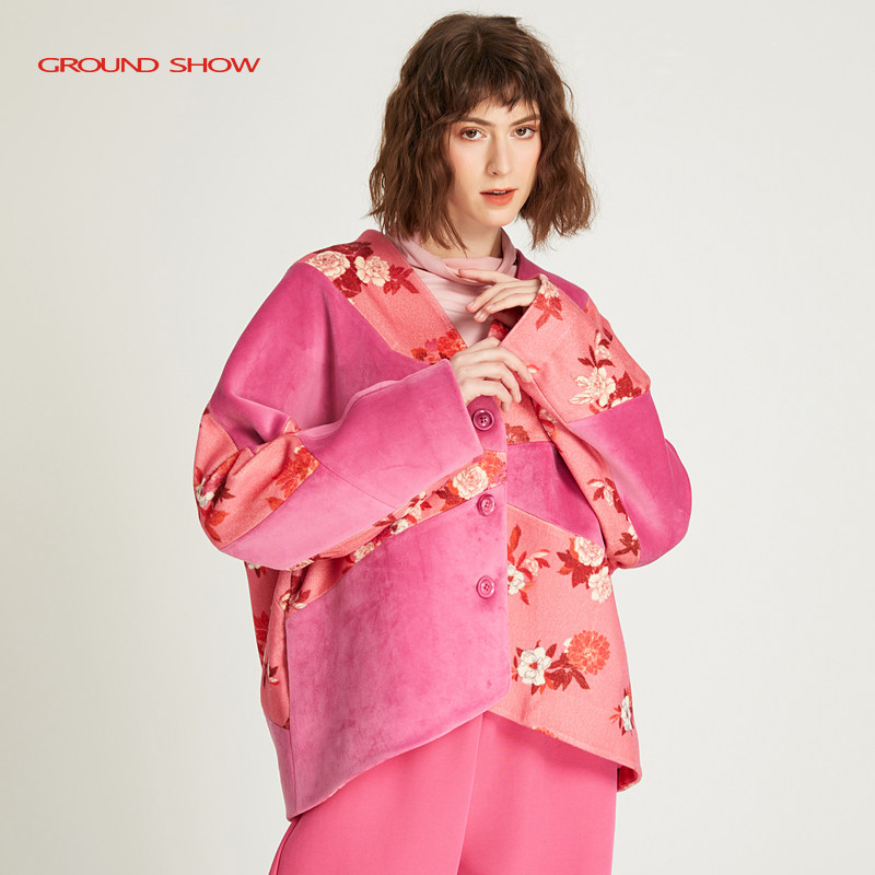 阁兰秀秋冬新品印花撞色拼接V领外套女中长款宽松含羊毛呢子外套