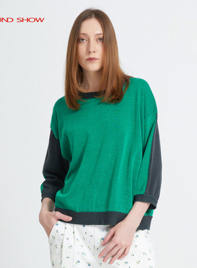 Ground Show/阁兰秀夏新款提花针织衫圆领套头直筒宽松九分袖纯棉