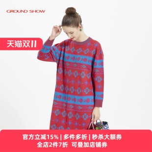 Ground 阁兰秀红蓝提花针织连衣裙毛衣圆领套头宽松遮肉中长 Show